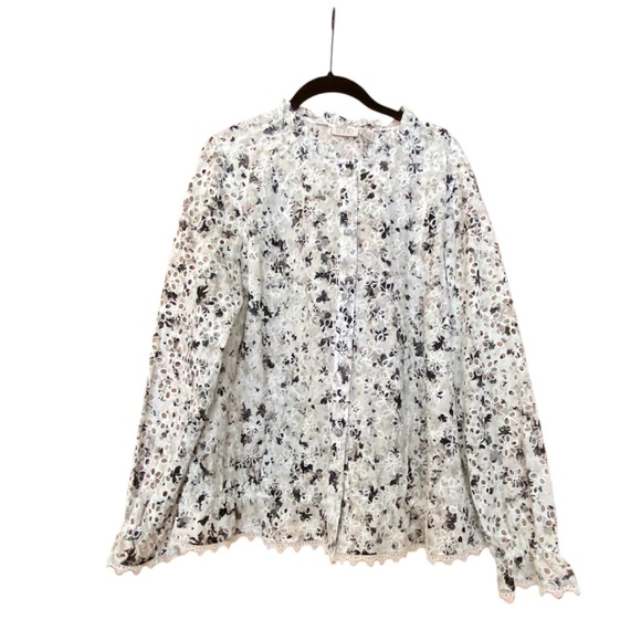 Logo Lori Goldstein Eyelet Lace Women’s Large White Black Floral Blouse Top - Picture 1 of 5